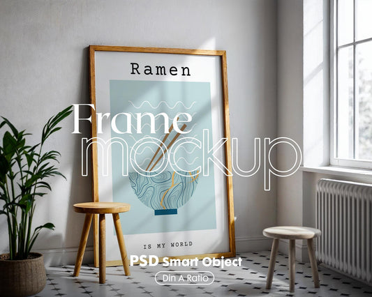 Kitchen Frame Mockup | DIN A Artwork Mockup Frames | Aesthetic Kitchen Vertical Wood Frame Mockup | Poster Mockup Templete PSD