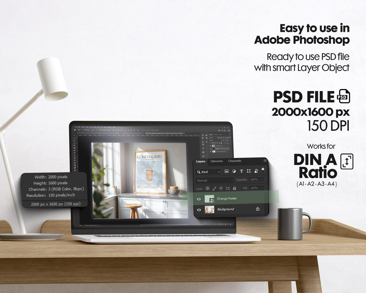 Kitchen Frame Mockup | DIN A Artwork Mockup Frames | Aesthetic Kitchen Vertical Wood Frame Mockup | Poster Mockup Templete PSD