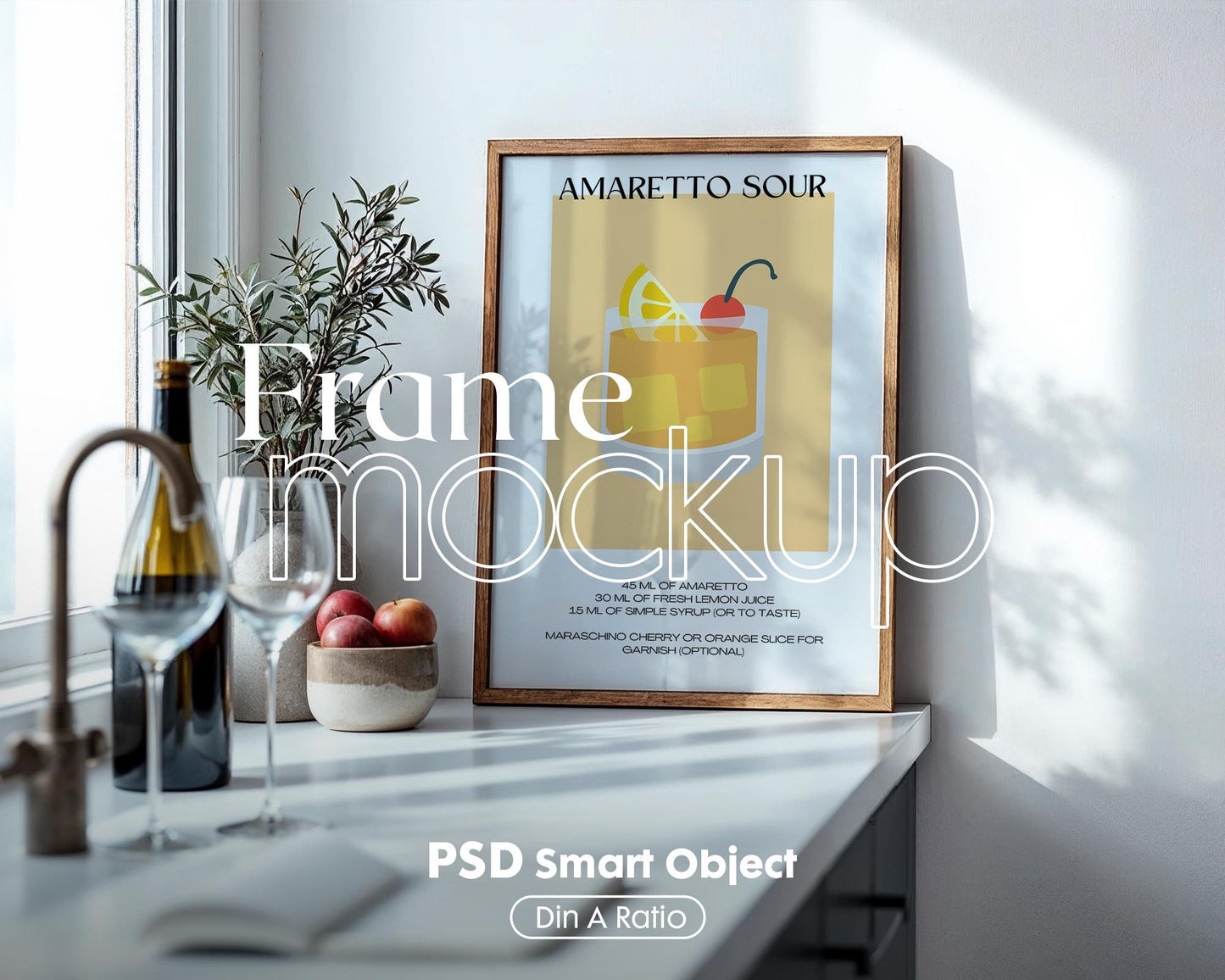 Kitchen Frame Mockup | DIN A Artwork Mockup Frames | Aesthetic Kitchen Vertical Wood Frame Mockup | Poster Mockup Templete PSD