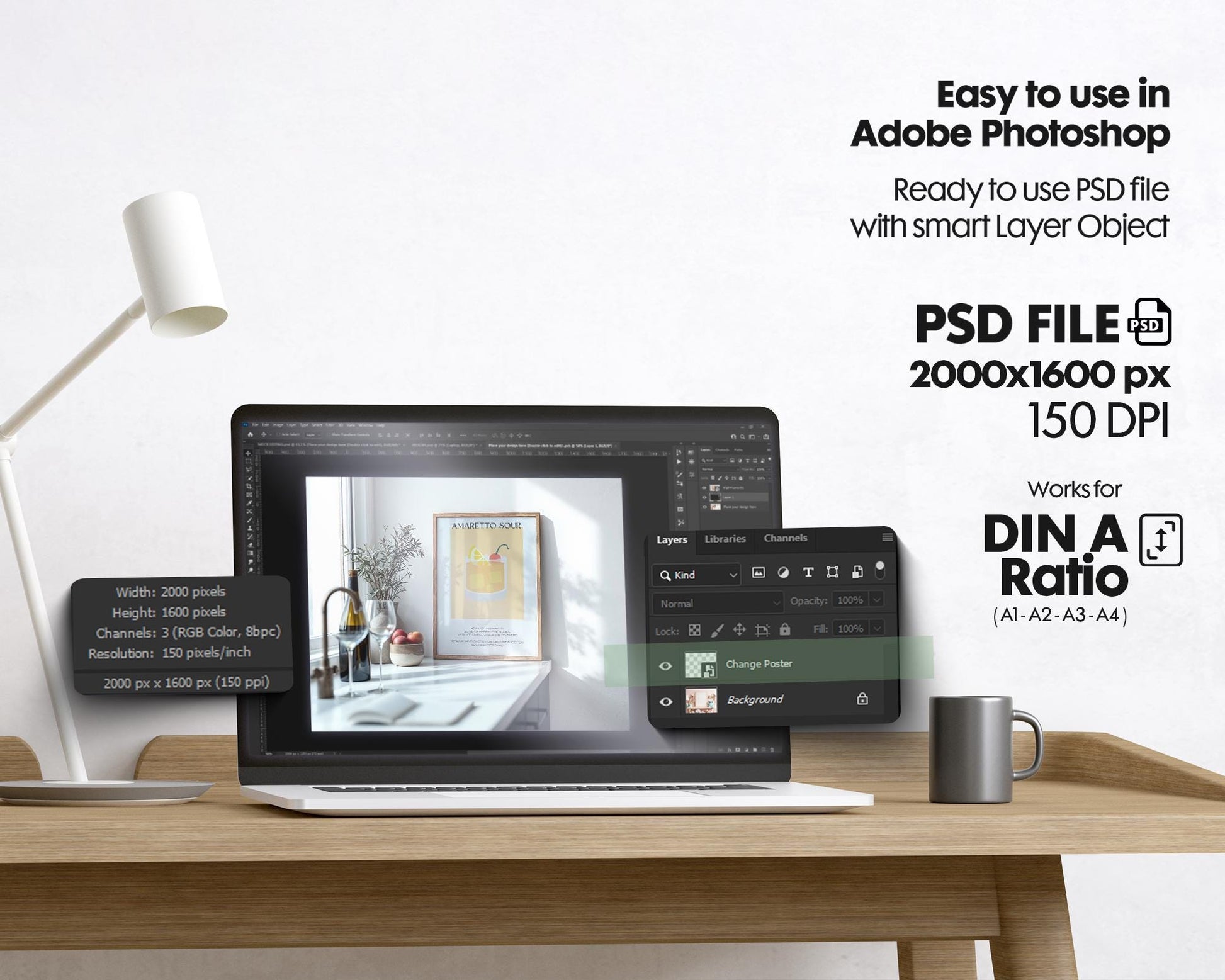 Kitchen Frame Mockup | DIN A Artwork Mockup Frames | Aesthetic Kitchen Vertical Wood Frame Mockup | Poster Mockup Templete PSD