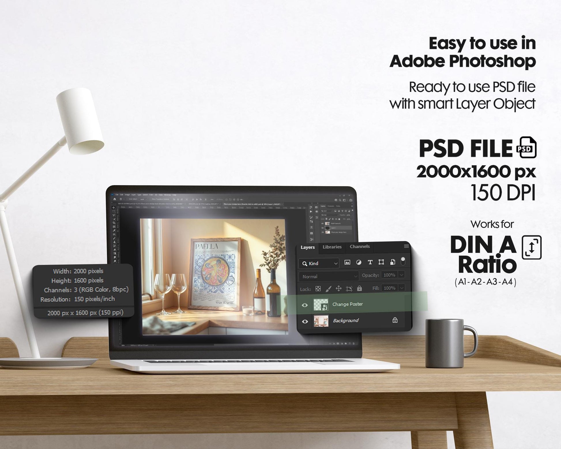 Kitchen Frame Mockup | DIN A Artwork Mockup Frames | Aesthetic Kitchen Vertical Wood Frame Mockup | Poster Mockup Templete PSD