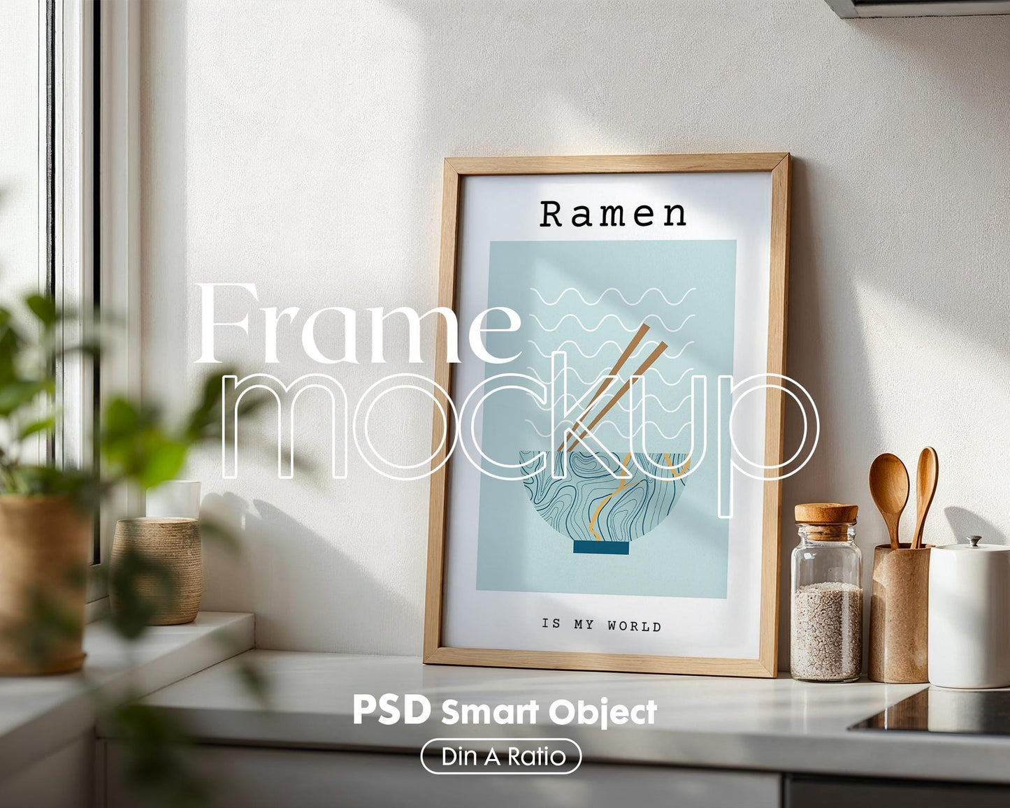 Kitchen Frame Mockup | DIN A Artwork Mockup Frames | Aesthetic Kitchen Vertical Wood Frame Mockup | Poster Mockup Templete PSD