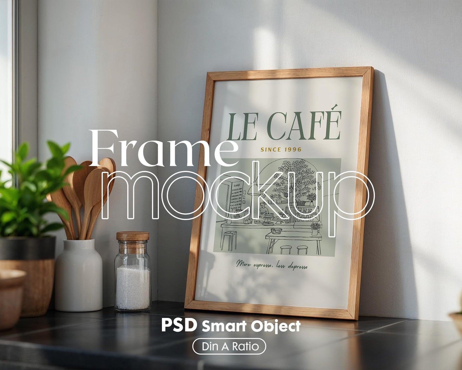 Kitchen Frame Mockup | DIN A Artwork Mockup Frames | Aesthetic Kitchen Vertical Wood Frame Mockup | Poster Mockup Templete PSD