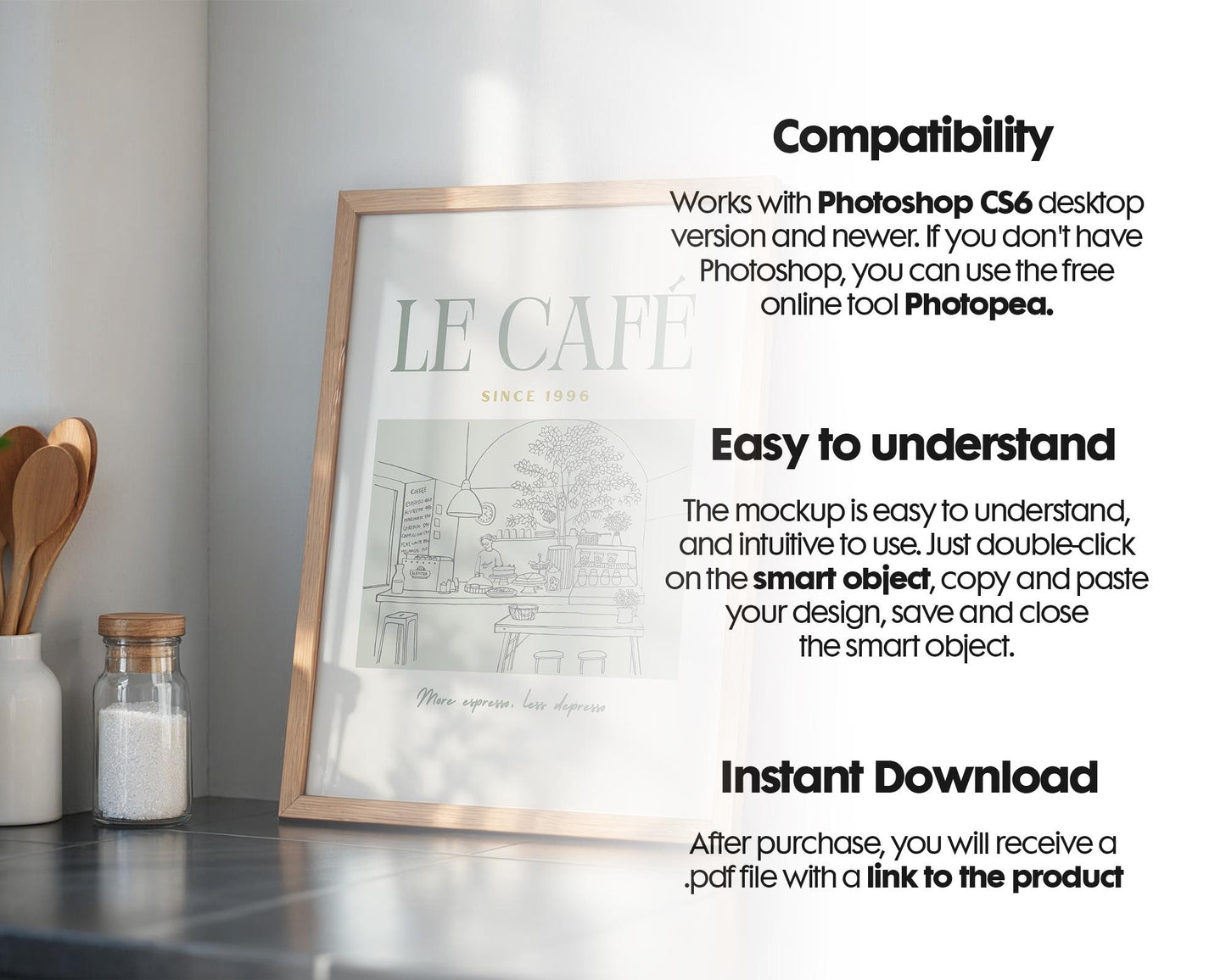 Kitchen Frame Mockup | DIN A Artwork Mockup Frames | Aesthetic Kitchen Vertical Wood Frame Mockup | Poster Mockup Templete PSD