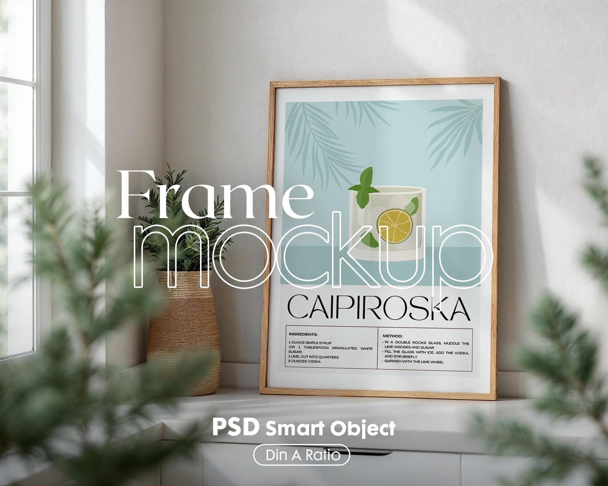 Kitchen Frame Mockup | DIN A Artwork Mockup Frames | Aesthetic Kitchen Vertical Wood Frame Mockup | Poster Mockup Templete PSD