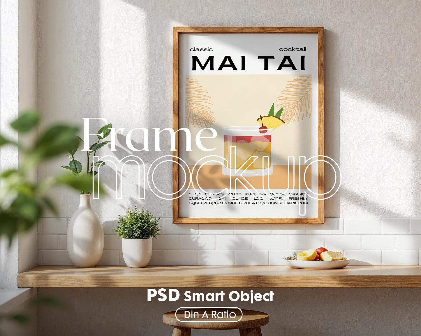 Kitchen Frame Mockup | DIN A Artwork Mockup Frames | Aesthetic Kitchen Vertical Wood Frame Mockup | Poster Mockup Templete PSD