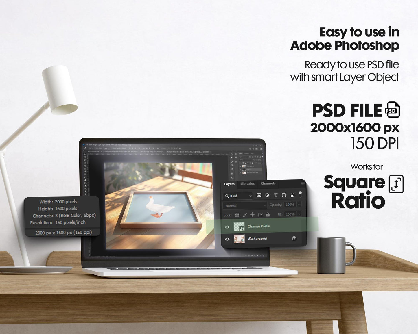 Square Frame Mockup PSD, Square Mockup Frame PSD, Interior Square Art Frame, Interior Poster Frame, Square Poster PSD Smart Object