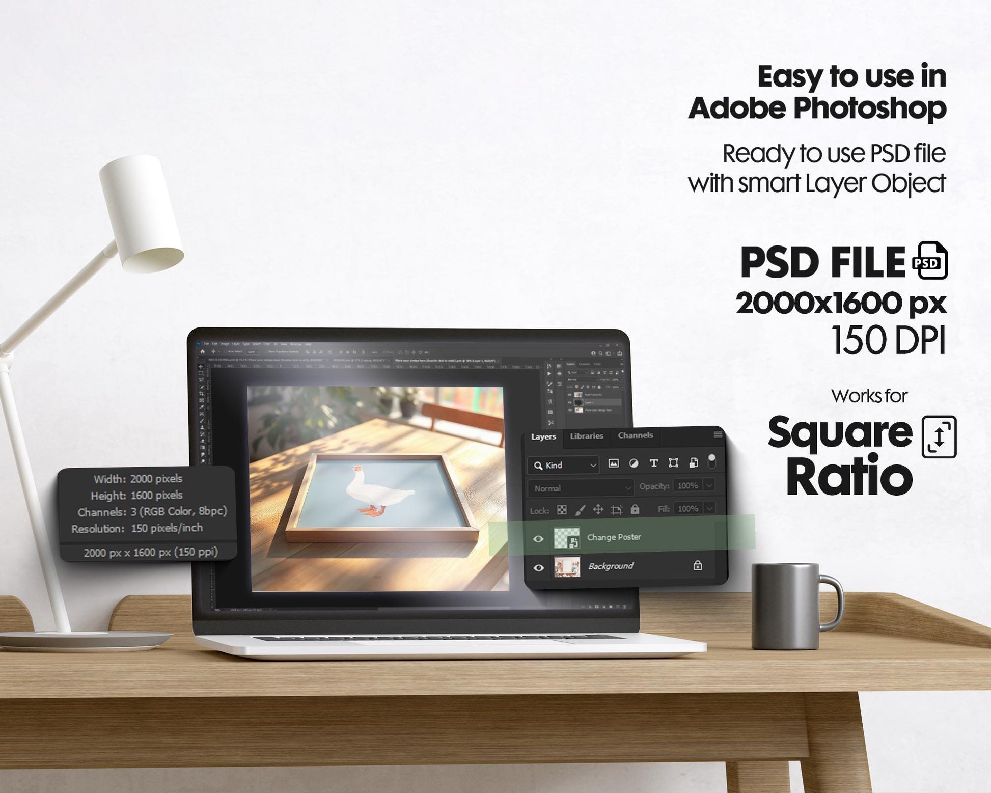 Square Frame Mockup PSD, Square Mockup Frame PSD, Interior Square Art Frame, Interior Poster Frame, Square Poster PSD Smart Object