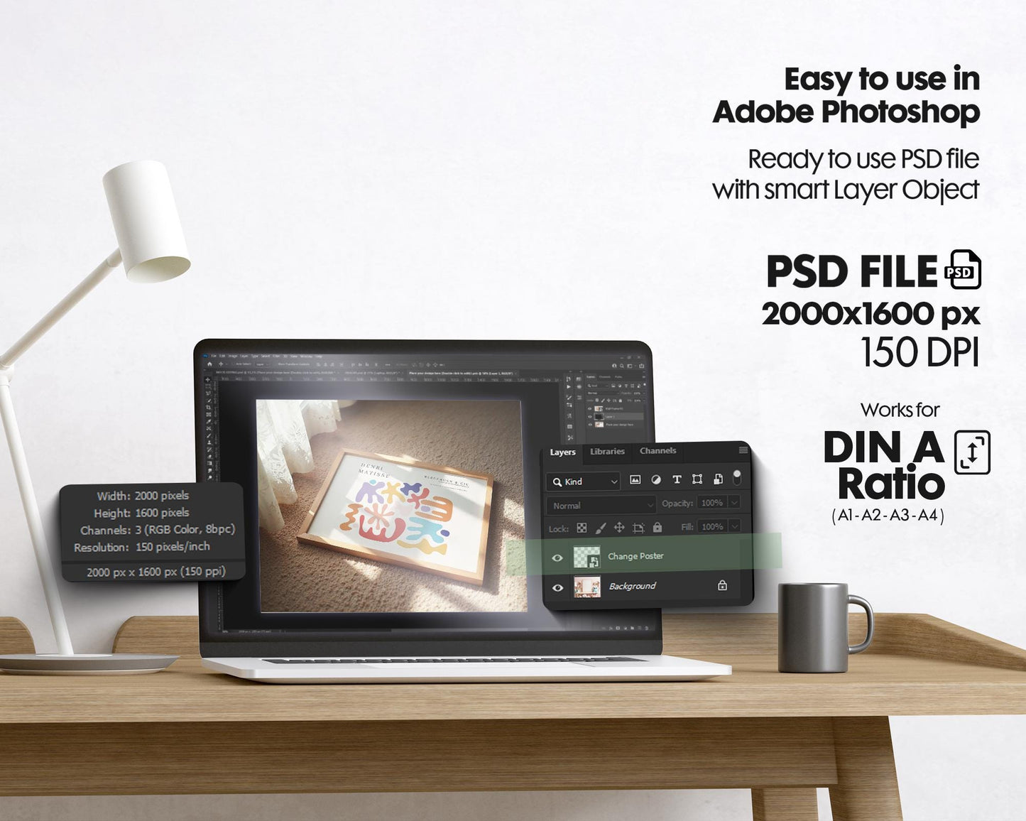 Horizontal Frame Mockup PSD, Scandinavian Wooden Frame Mockup, Poster Mockup PSD , Frame Mockup for Print, Frame Mockup Smart Object