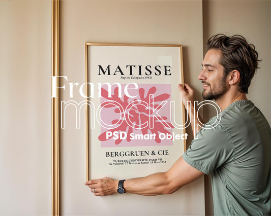 Frame Mockup With Person, Minimal Wooden Frame Mockup, PSD Frame Mockup Home Interior with Man, Father holding frame