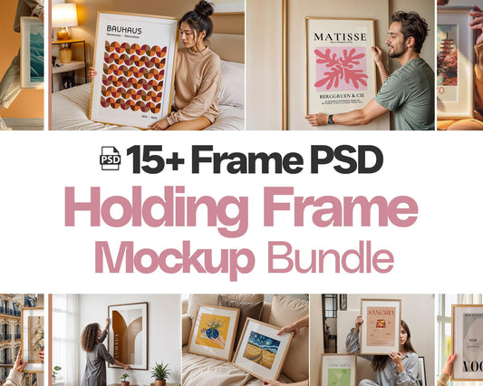 15 Woman Holding Frame Mockup PSD Bundle, Female Model Display Frames, Digital Art Mockups for Art & Photography