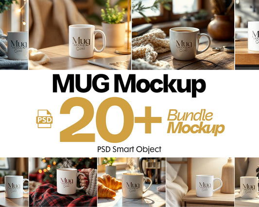 Mug Mockup Bundle - White Ceramic Cup & Coffee Mug 11oz PSD Mockup with Smart Layer, Perfect for Custom Designs