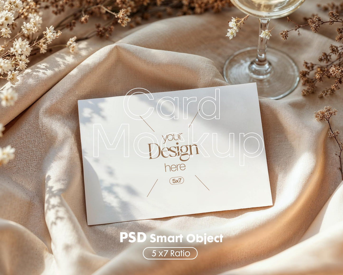 7x5 Card Mockup PSD | Minimalist White Stationery Template for Wedding Invitations, Baby Shower Cards & Editable Smart Object Design