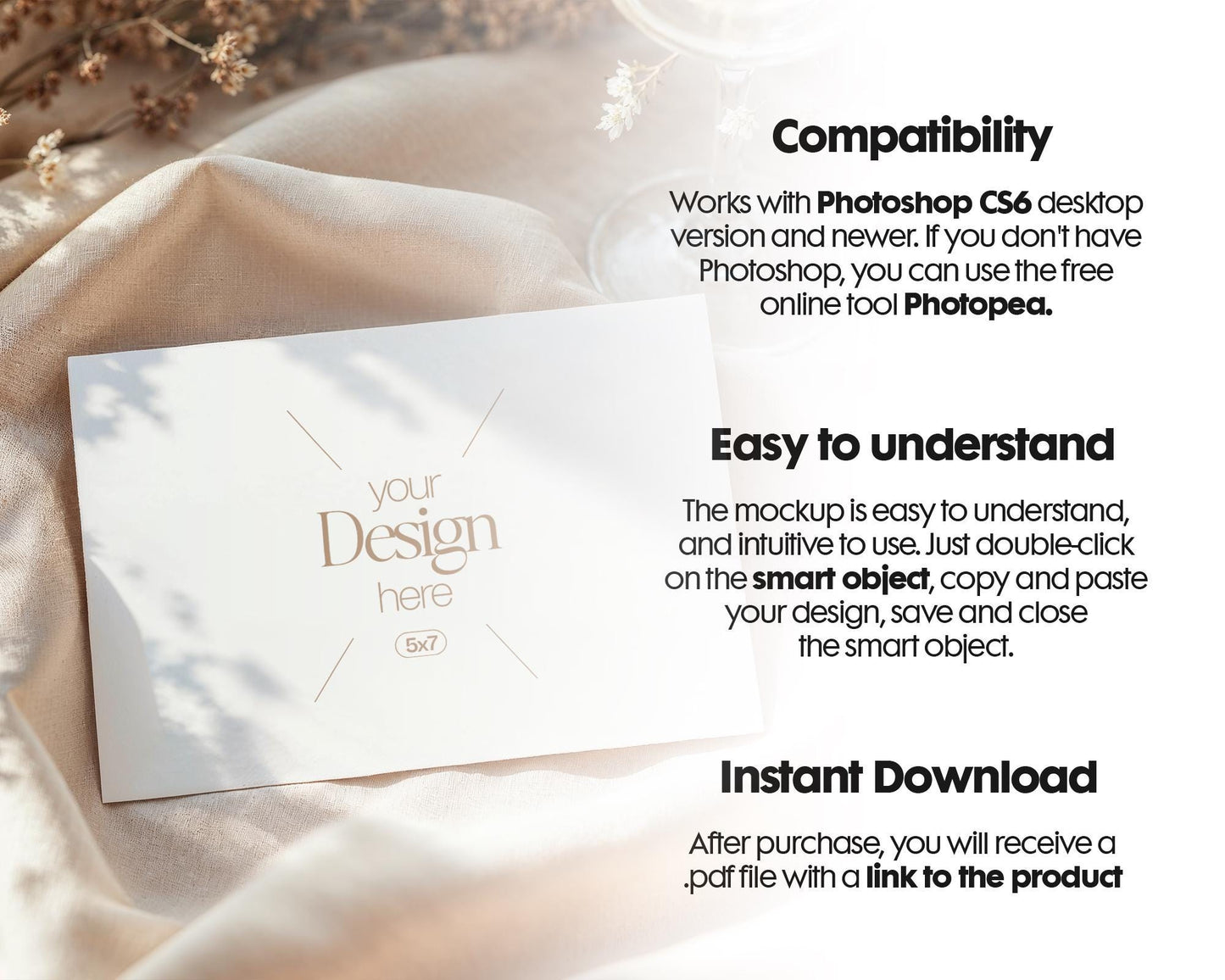 7x5 Card Mockup PSD | Minimalist White Stationery Template for Wedding Invitations, Baby Shower Cards & Editable Smart Object Design