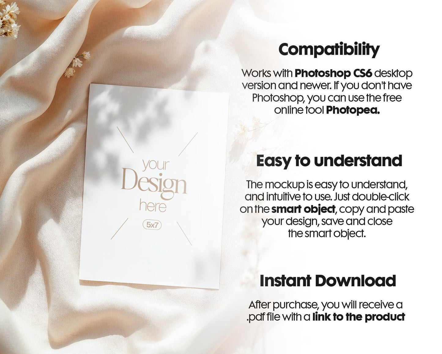 5x7 Card Mockup PSD Template, Minimalist White Stationery Mockup for Wedding, Baby Shower & Invitation Cards, Editable Smart Object