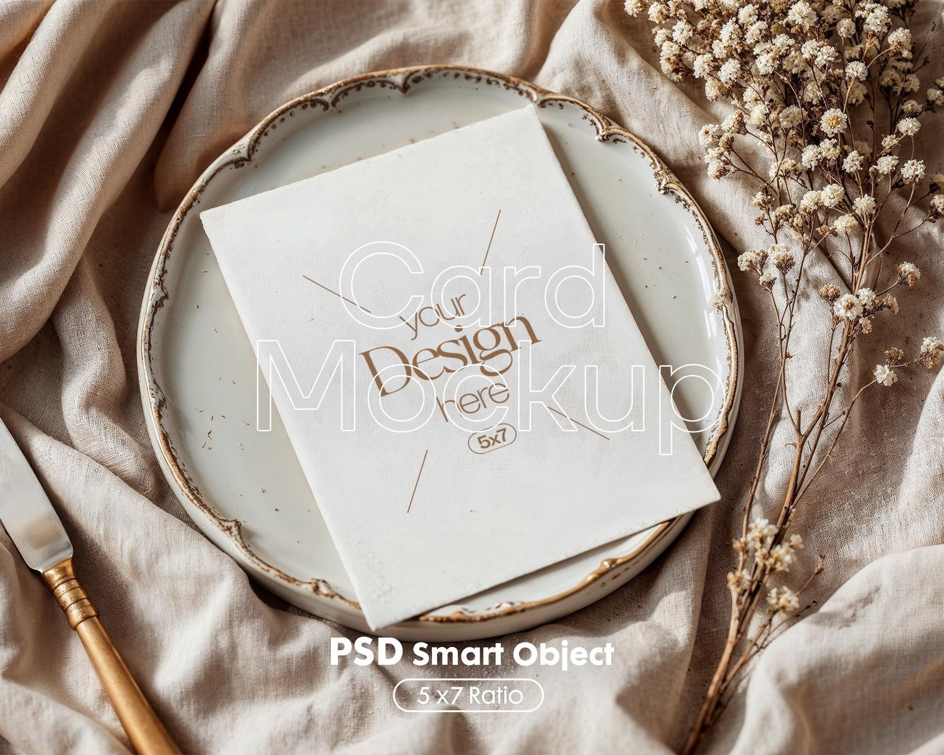 5x7 Card Mockup PSD Template, Minimalist White Stationery Mockup for Wedding, Baby Shower & Invitation Cards, Editable Smart Object