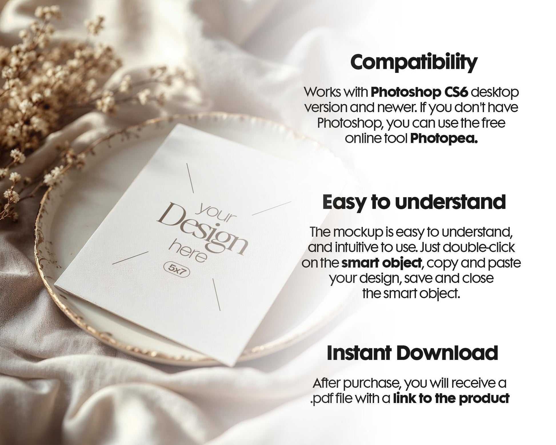 5x7 Card Mockup PSD Template, Minimalist White Stationery Mockup for Wedding, Baby Shower & Invitation Cards, Editable Smart Object