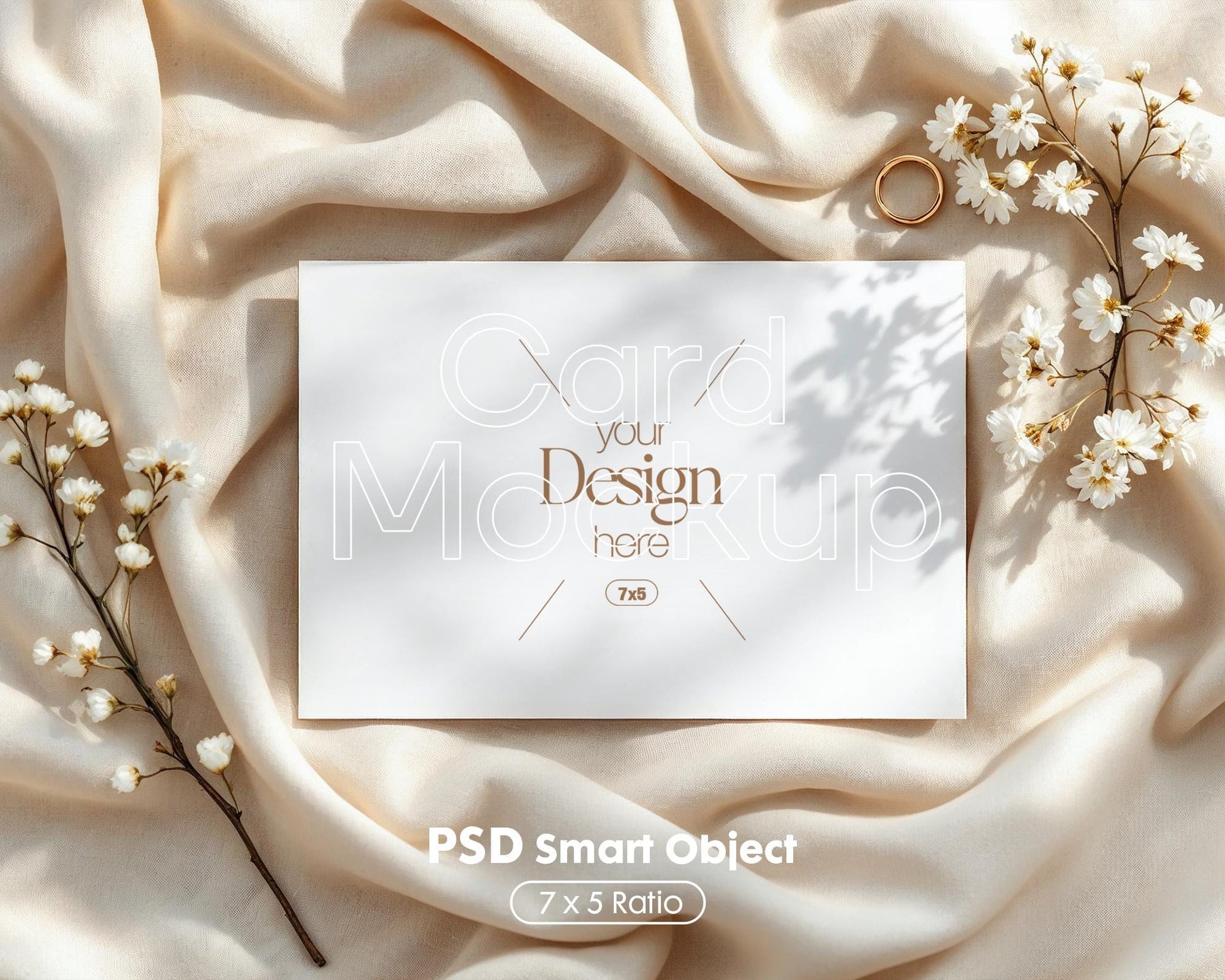 7x5 Card Mockup PSD | Minimalist White Stationery Template for Wedding Invitations, Baby Shower Cards & Editable Smart Object Design