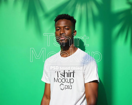 Male Model White T-Shirt Mockup PSD, Gildan & Bella Canvas 3001, African Model Tee Template for Custom Apparel Design