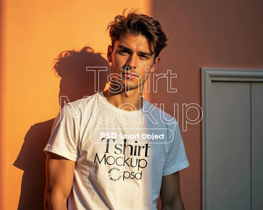 Male Model White T-Shirt Mockup PSD - Gildan & Bella Canvas 3001 Template for Custom Apparel Design, PSD Smart Object