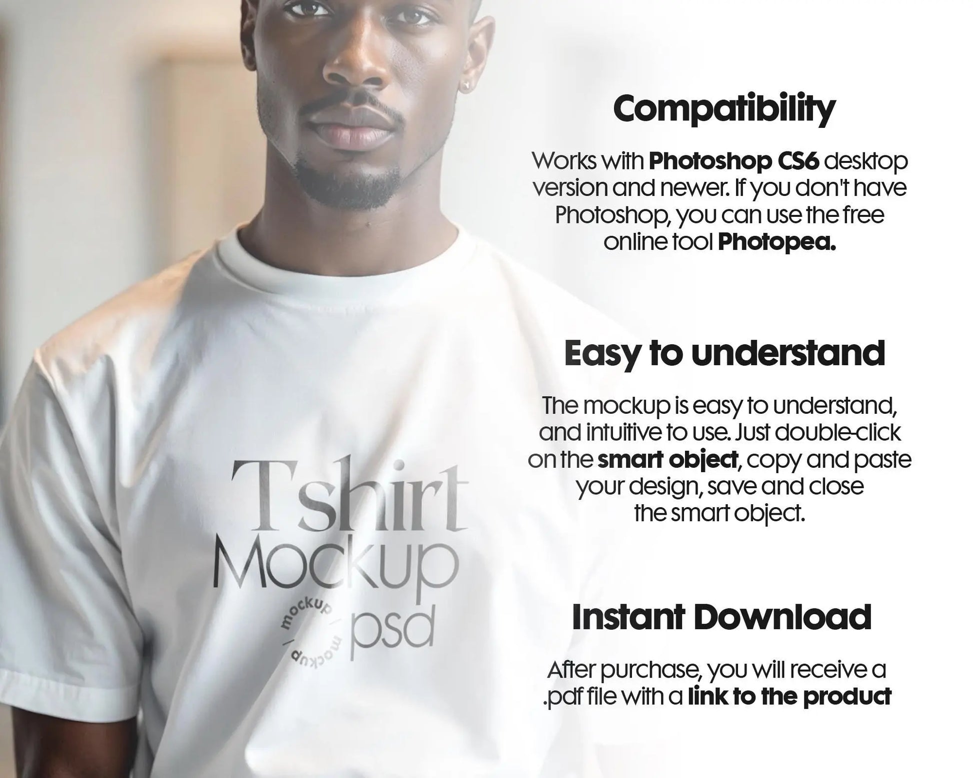 Male Model White T-Shirt Mockup PSD, Gildan & Bella Canvas 3001, African Model Tee Template for Custom Apparel Design