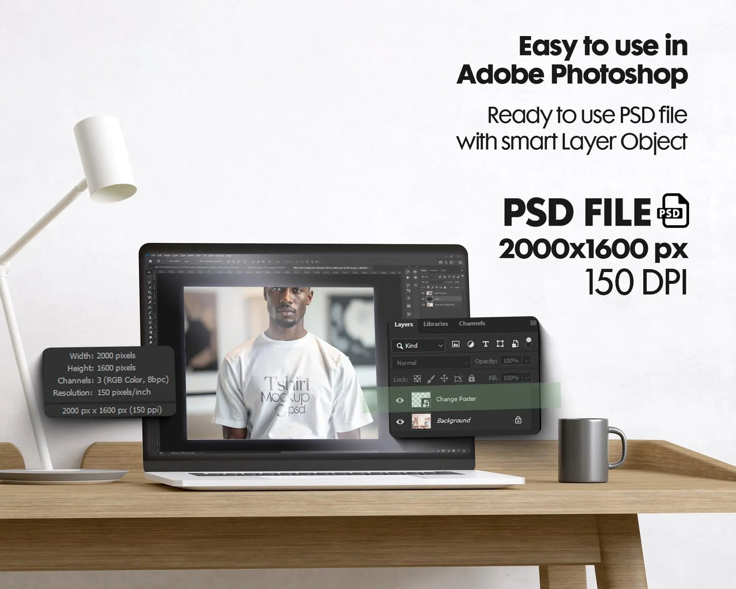 Male Model White T-Shirt Mockup PSD, Gildan & Bella Canvas 3001, African Model Tee Template for Custom Apparel Design