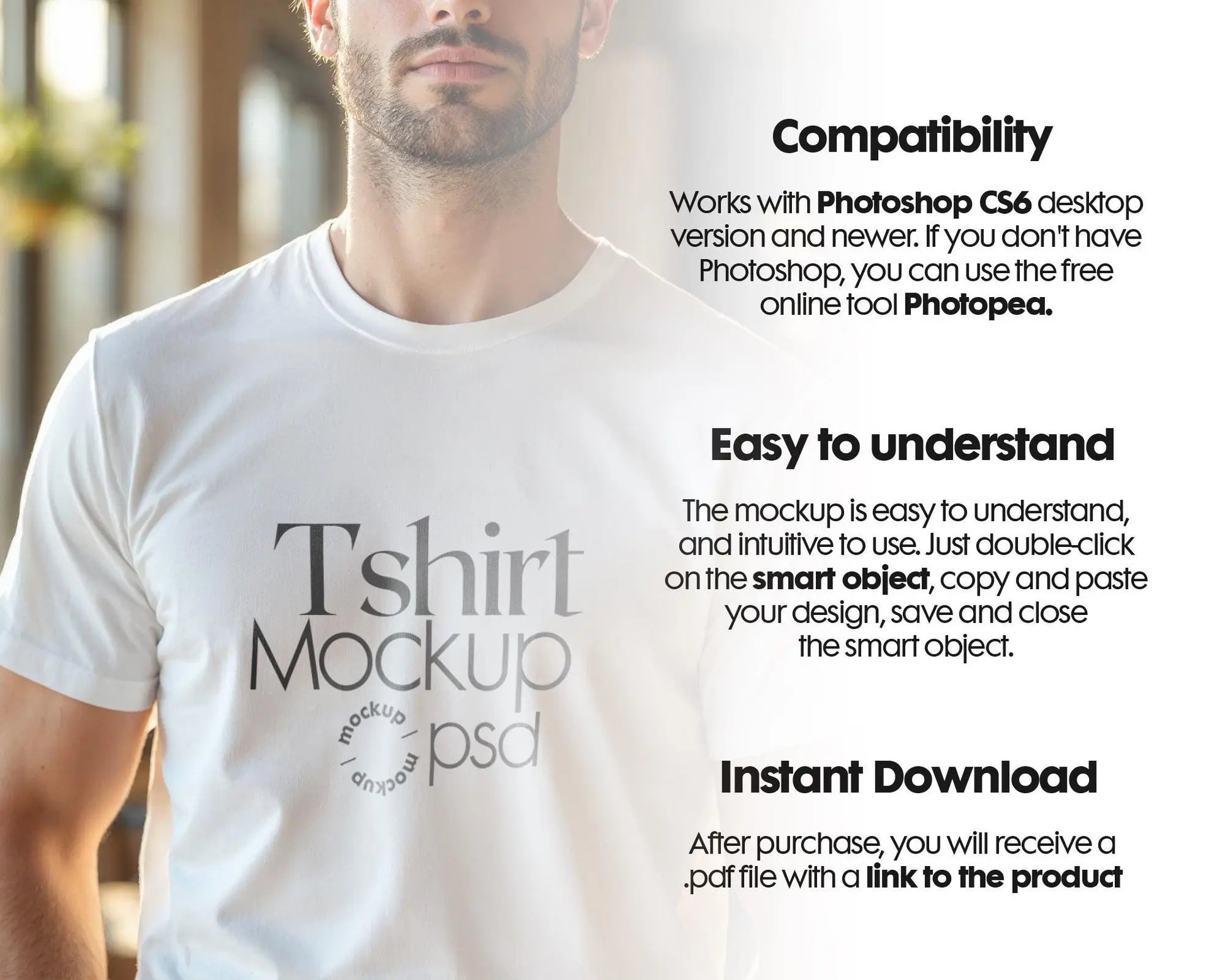 Male Model White T-Shirt Mockup PSD - Gildan & Bella Canvas 3001 Template for Custom Apparel Design, PSD Smart Object