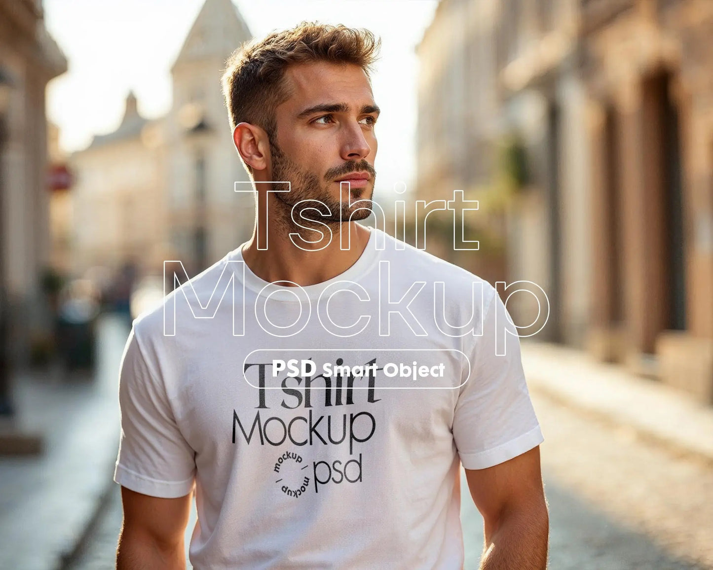 Male Model White T-Shirt Mockup PSD - Gildan & Bella Canvas 3001 Template for Custom Apparel Design, PSD Smart Object