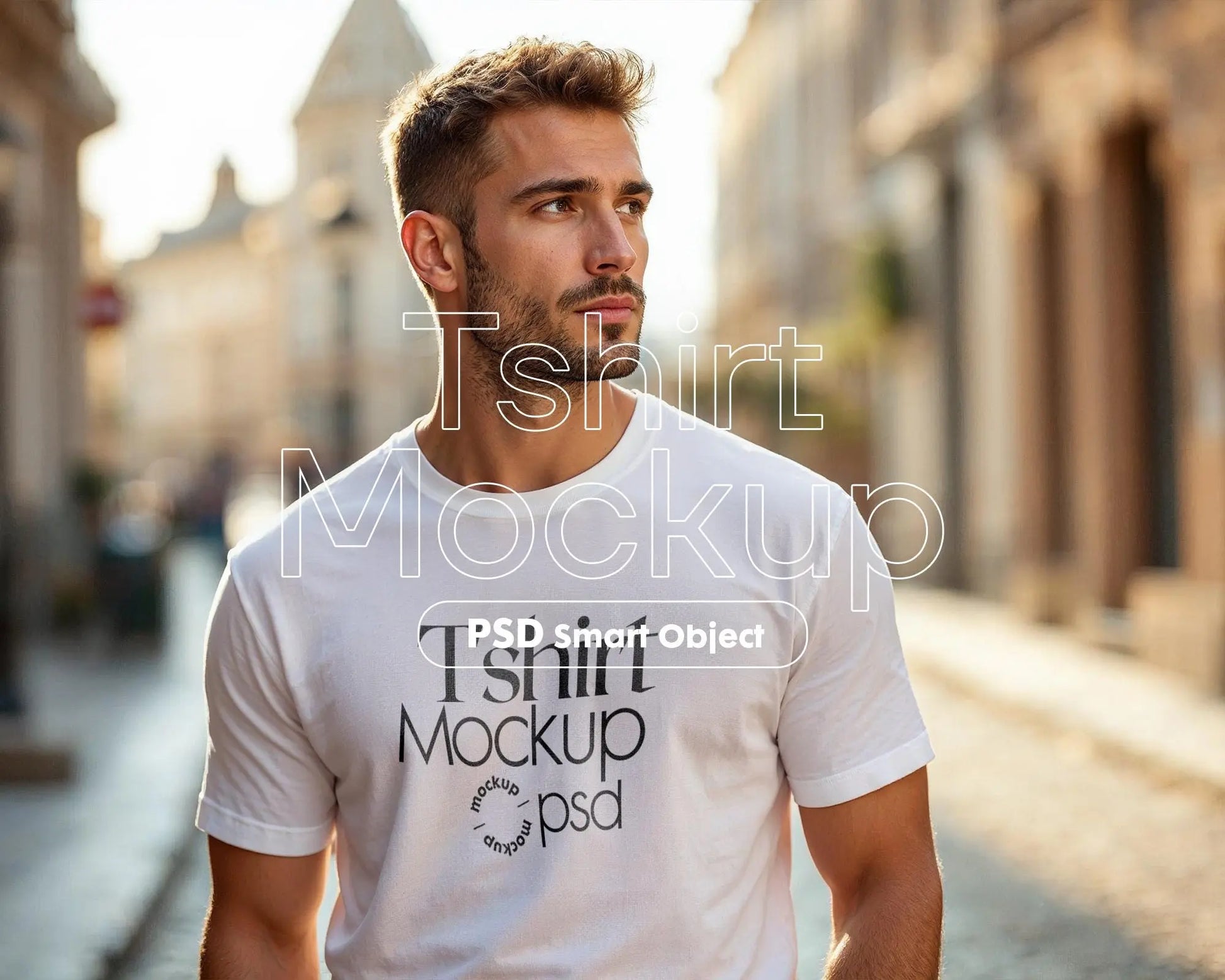 Male Model White T-Shirt Mockup PSD - Gildan & Bella Canvas 3001 Template for Custom Apparel Design, PSD Smart Object