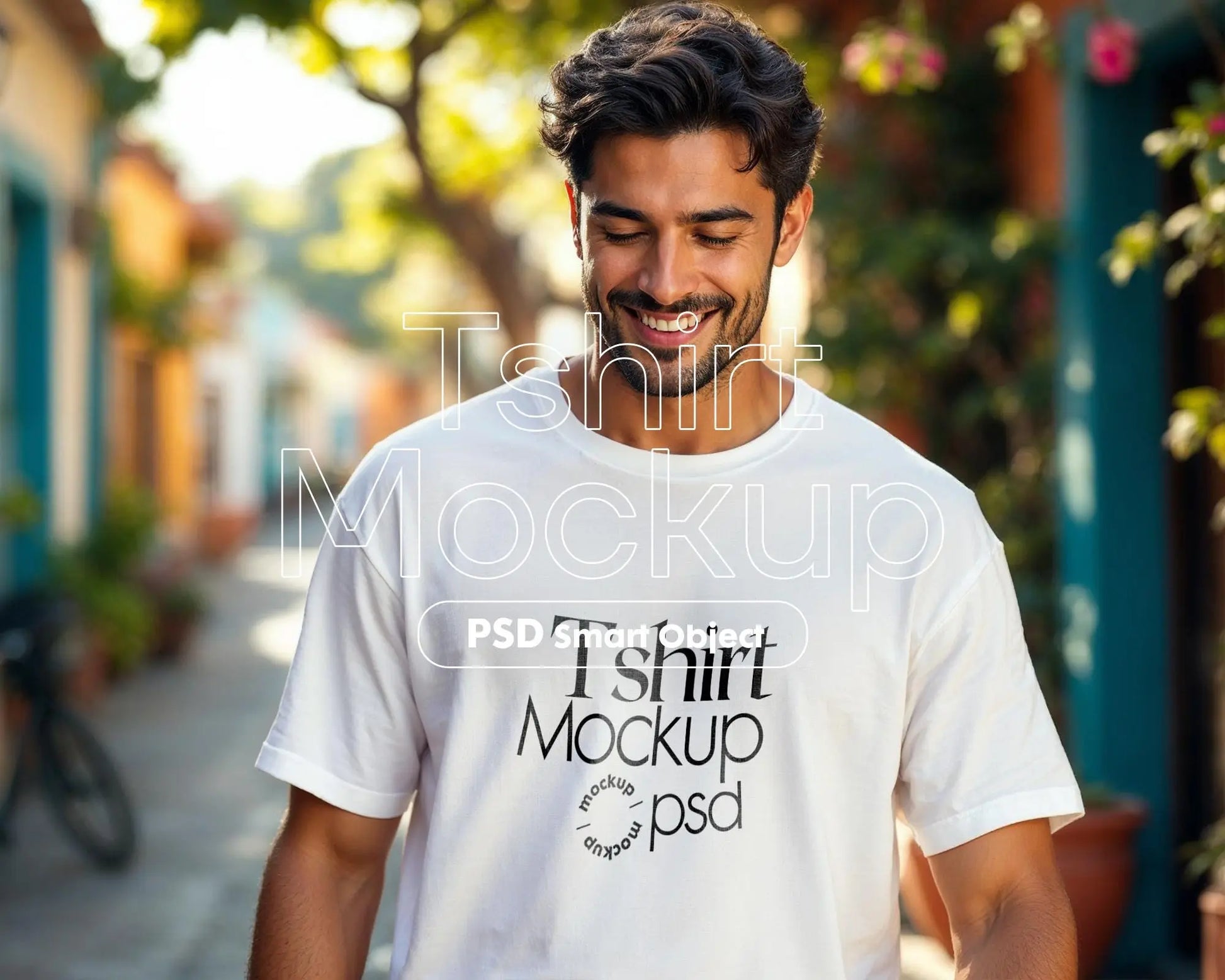Male Model White T-Shirt Mockup PSD - Gildan & Bella Canvas 3001 Template for Custom Apparel Design, PSD Smart Object