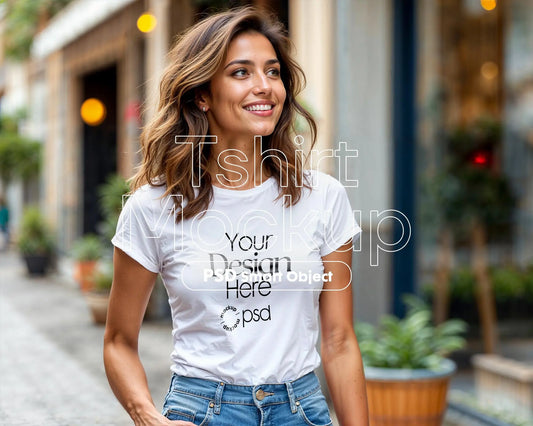 Woman White T-Shirt Mockup PSD,Gildan 64000 Model Tee Template for Fashion Design & Branding