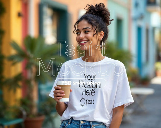 Woman White T-Shirt Mockup PSD - Gildan 64000 Model Tee Template for Fashion Design & Branding