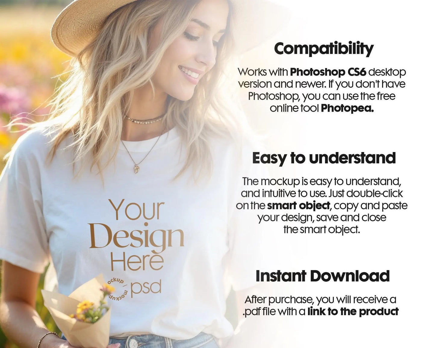 Woman White T-Shirt Mockup PSD | Gildan 64000 & Bella Canvas 3001 Print on Demand Tee Mockups for Designers, Boho Style Tshirt