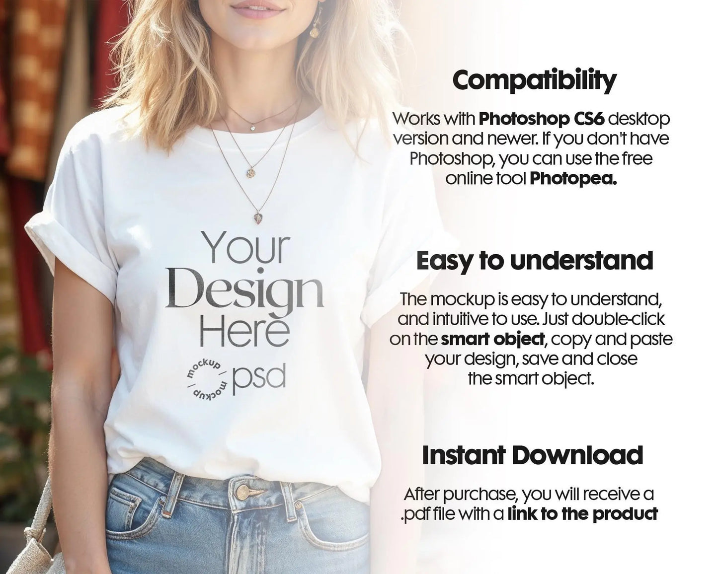 Woman White T-Shirt Mockup PSD | Gildan 64000 & Bella Canvas 3001 Print on Demand Tee Mockups for Designers, Boho Style Tshirt
