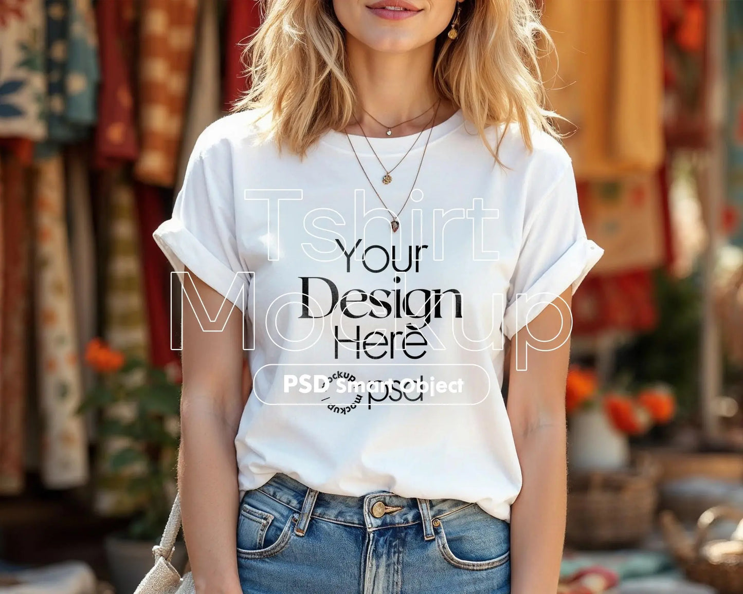 Woman White T-Shirt Mockup PSD | Gildan 64000 & Bella Canvas 3001 Print on Demand Tee Mockups for Designers, Boho Style Tshirt