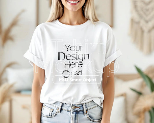 Bella Canvas 3001 White Shirt Mockup PSD | Summer T-Shirt Model Mockup | High-Quality Bella Canvas Mockup for Design Preview