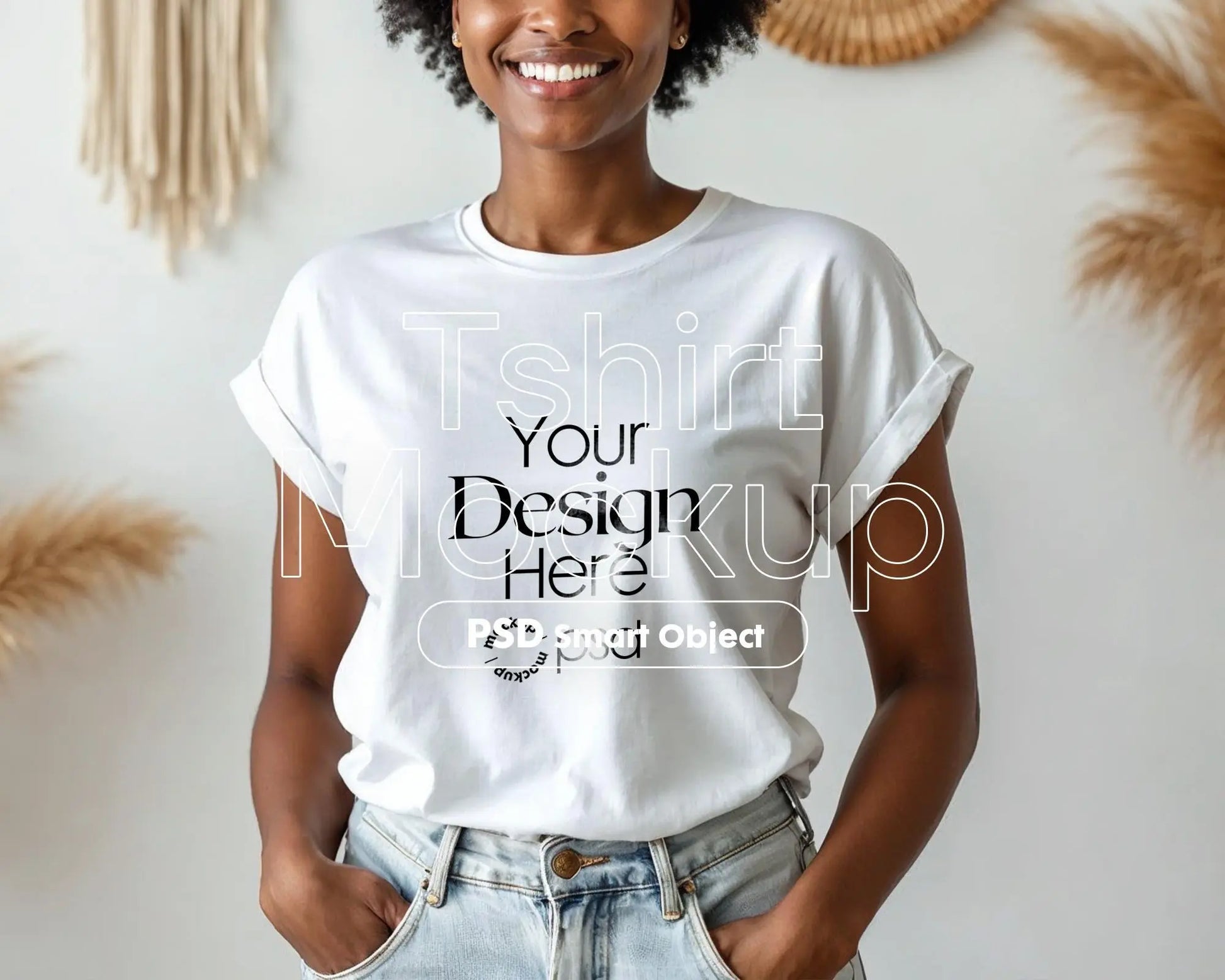 Boho T-Shirt Mockup for Bella Canvas 3001 & Gildan 64000 – African American Model, White Rolled Sleeve Tee, Natural Light Scene