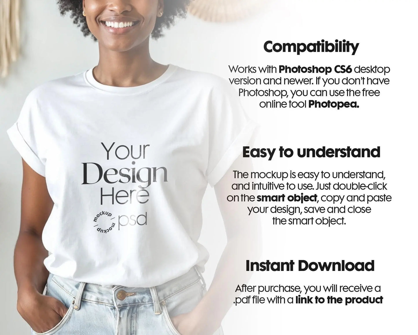 Boho T-Shirt Mockup for Bella Canvas 3001 & Gildan 64000 – African American Model, White Rolled Sleeve Tee, Natural Light Scene
