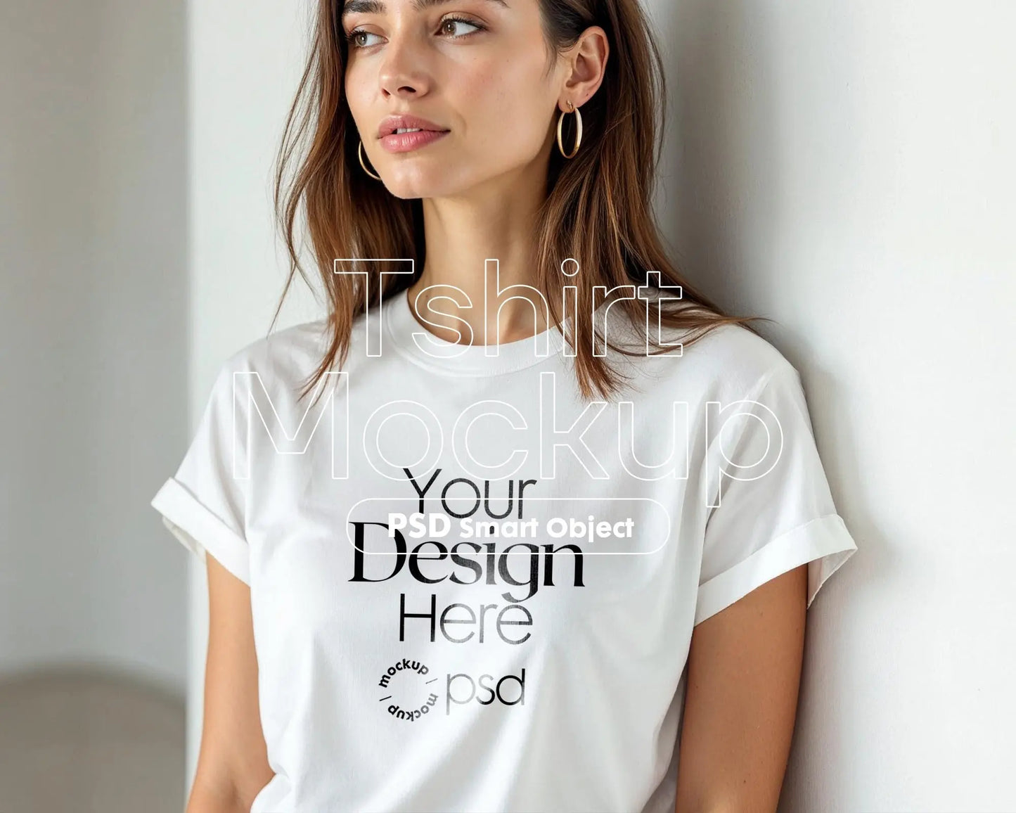 Woman White T-Shirt Mockup PSD | Gildan 64000 & Bella Canvas 3001 Print on Demand Tee Mockups for Designers, Boho Style Tshirt