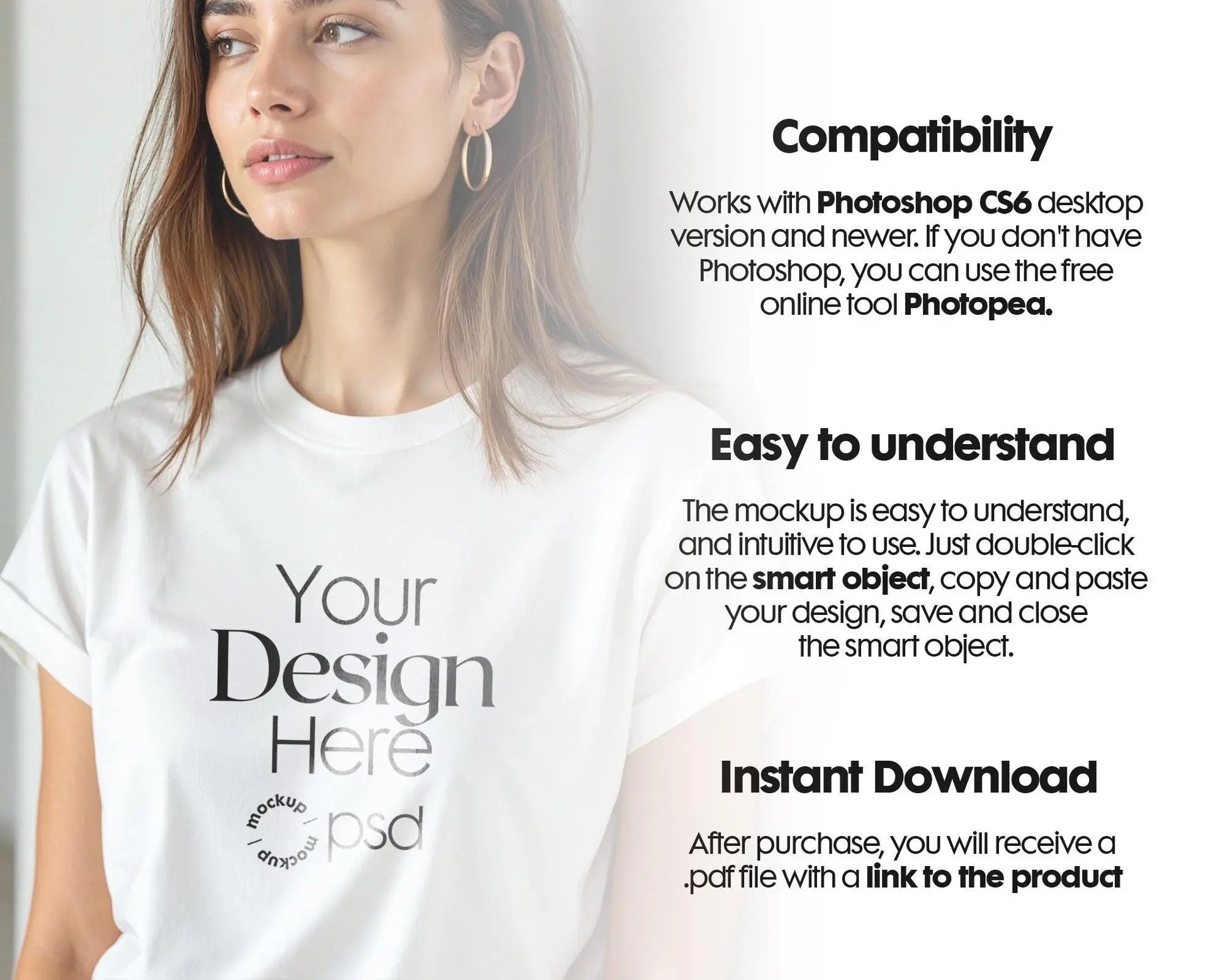 Woman White T-Shirt Mockup PSD | Gildan 64000 & Bella Canvas 3001 Print on Demand Tee Mockups for Designers, Boho Style Tshirt