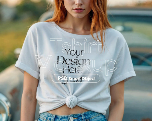 Woman White T-Shirt Mockup PSD | Gildan 64000 & Bella Canvas 3001 Print on Demand Tee Mockups for Designers, Boho Style Tshirt