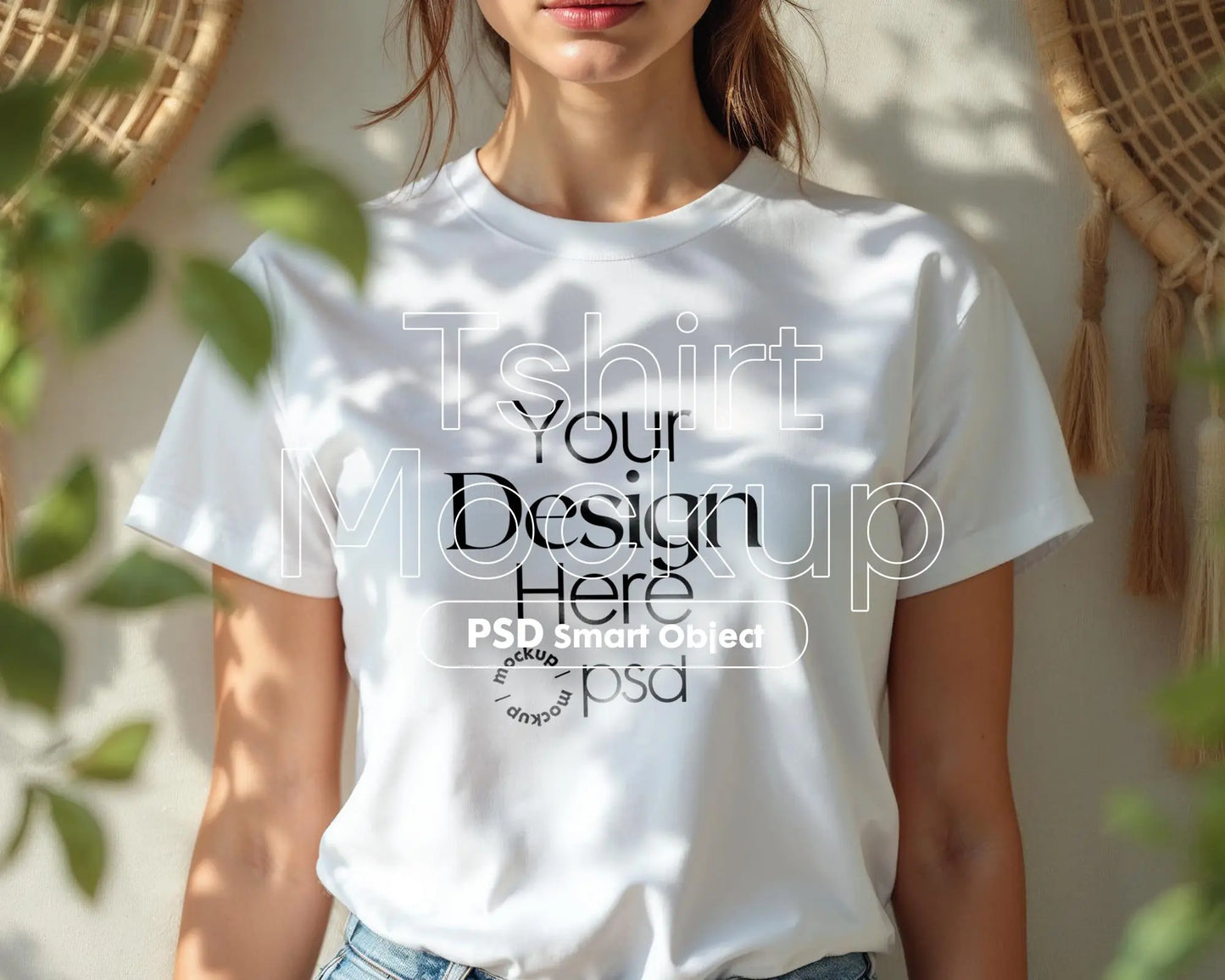 Woman White T-Shirt Mockup PSD | Gildan 64000 & Bella Canvas 3001 Print on Demand Tee Mockups for Designers, Boho Style Tshirt