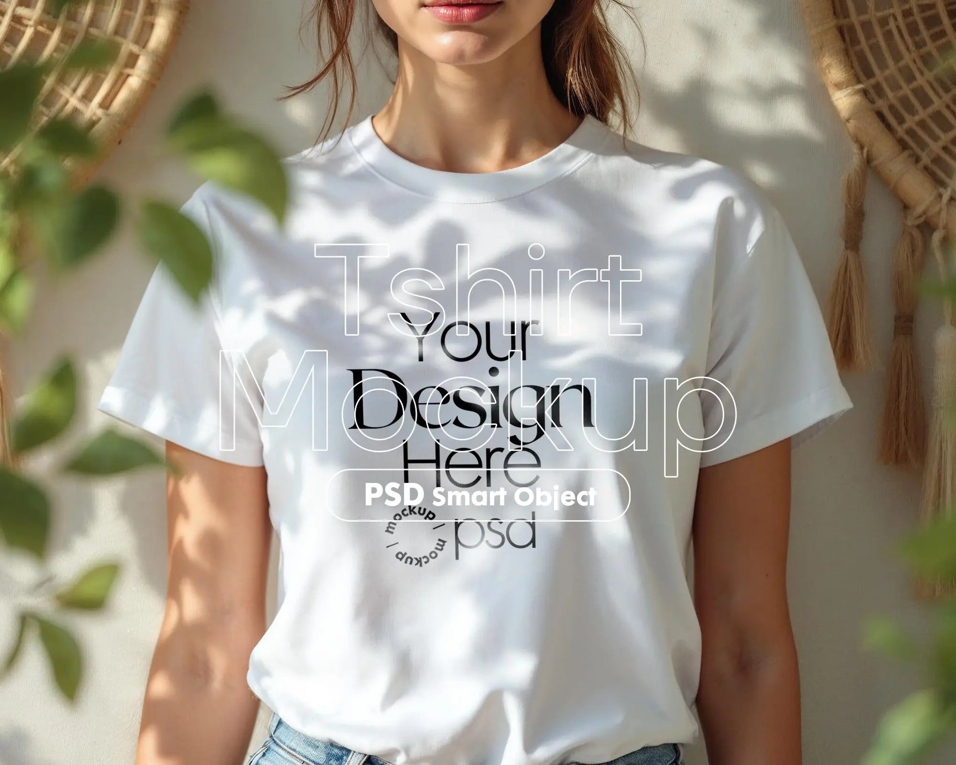 Woman White T-Shirt Mockup PSD | Gildan 64000 & Bella Canvas 3001 Print on Demand Tee Mockups for Designers, Boho Style Tshirt