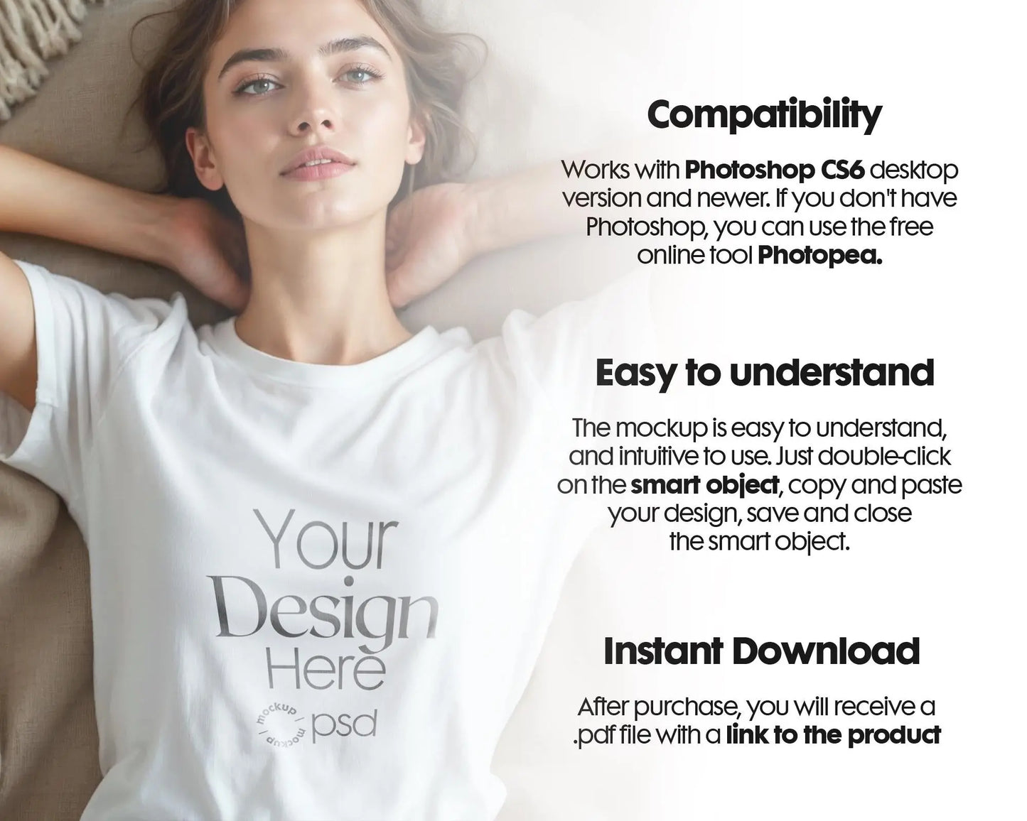 Woman White T-Shirt Mockup PSD | Gildan 64000 & Bella Canvas 3001 Print on Demand Tee Mockups for Designers, Boho Style Tshirt