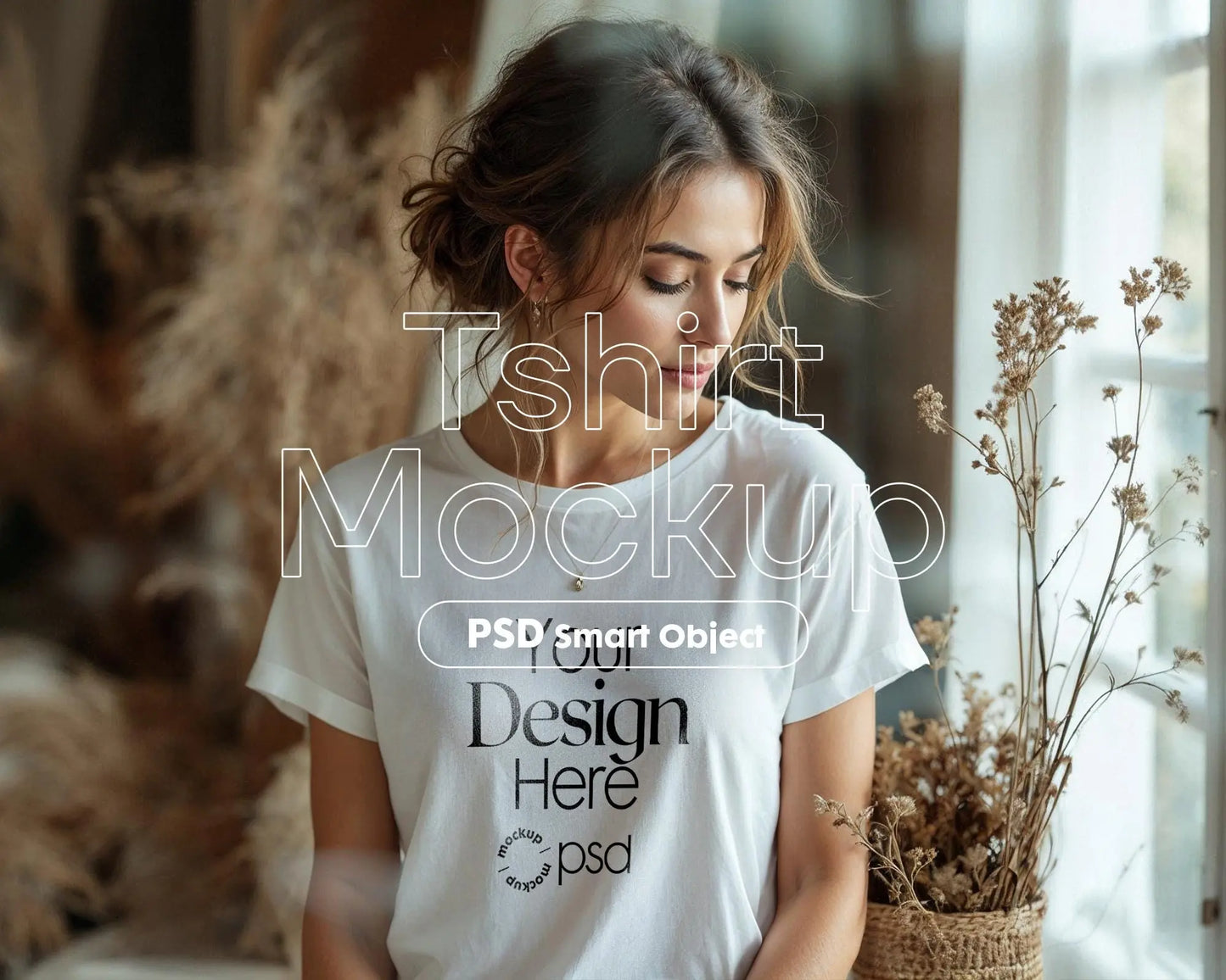 Woman White T-Shirt Mockup PSD | Gildan 64000 & Bella Canvas 3001 Print on Demand Tee Mockups for Designers, Boho Style Tshirt