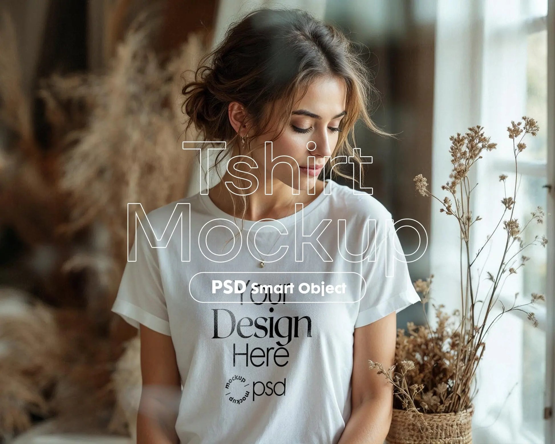 Woman White T-Shirt Mockup PSD | Gildan 64000 & Bella Canvas 3001 Print on Demand Tee Mockups for Designers, Boho Style Tshirt