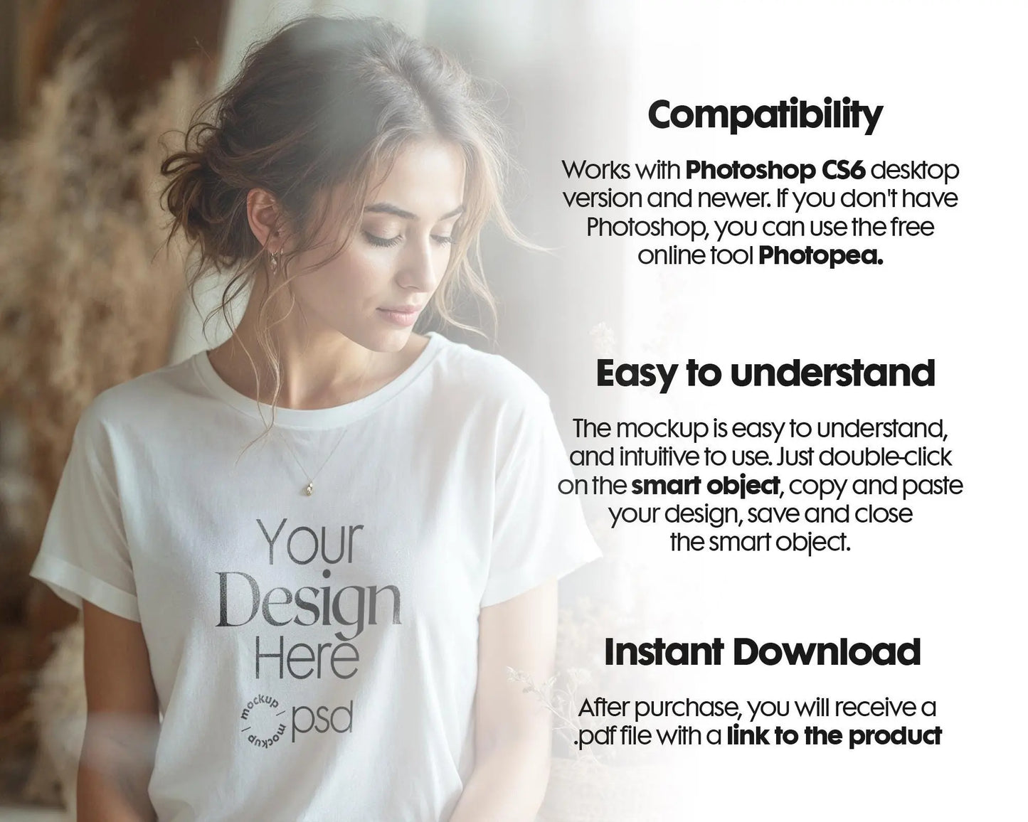 Woman White T-Shirt Mockup PSD | Gildan 64000 & Bella Canvas 3001 Print on Demand Tee Mockups for Designers, Boho Style Tshirt