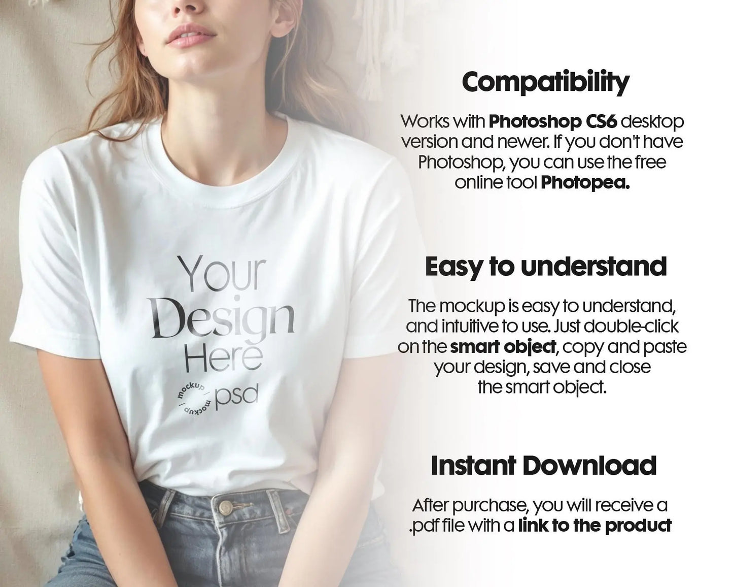Woman White T-Shirt Mockup PSD | Gildan 64000 & Bella Canvas 3001 Print on Demand Tee Mockups for Designers, Boho Style Tshirt