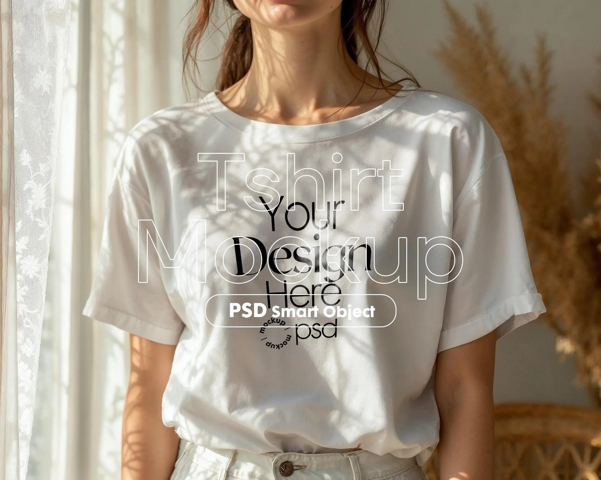 Woman White T-Shirt Mockup PSD | Gildan 64000 & Bella Canvas 3001 Print on Demand Tee Mockups for Designers, Boho Style Tshirt
