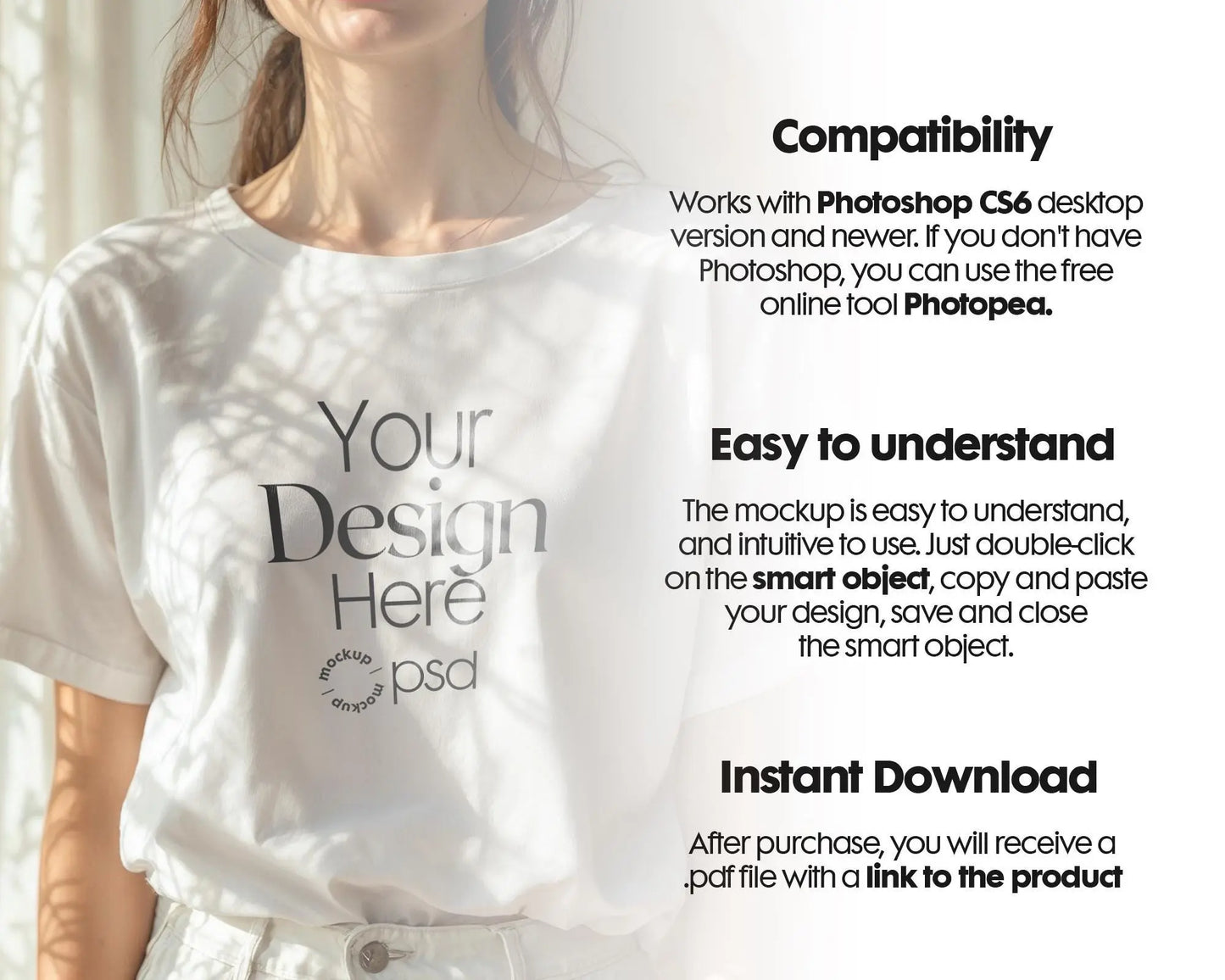 Woman White T-Shirt Mockup PSD | Gildan 64000 & Bella Canvas 3001 Print on Demand Tee Mockups for Designers, Boho Style Tshirt